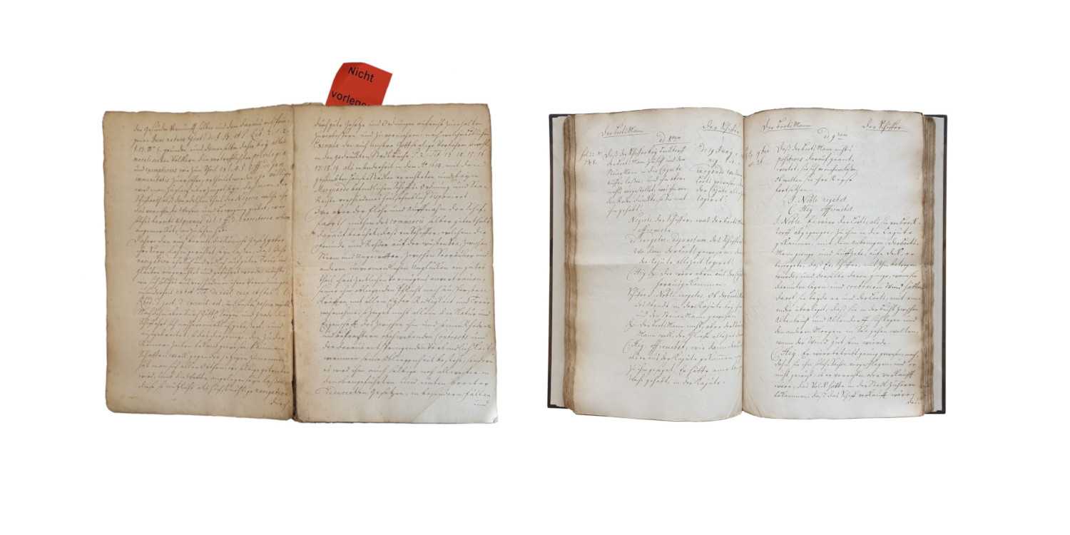<p>Halblederband, selbst gefertigtes Buntpapier, handgestochenes Kapital. Einband im Stil der Zeit für die Commerzbibliothek Hamburg, 2021</p>