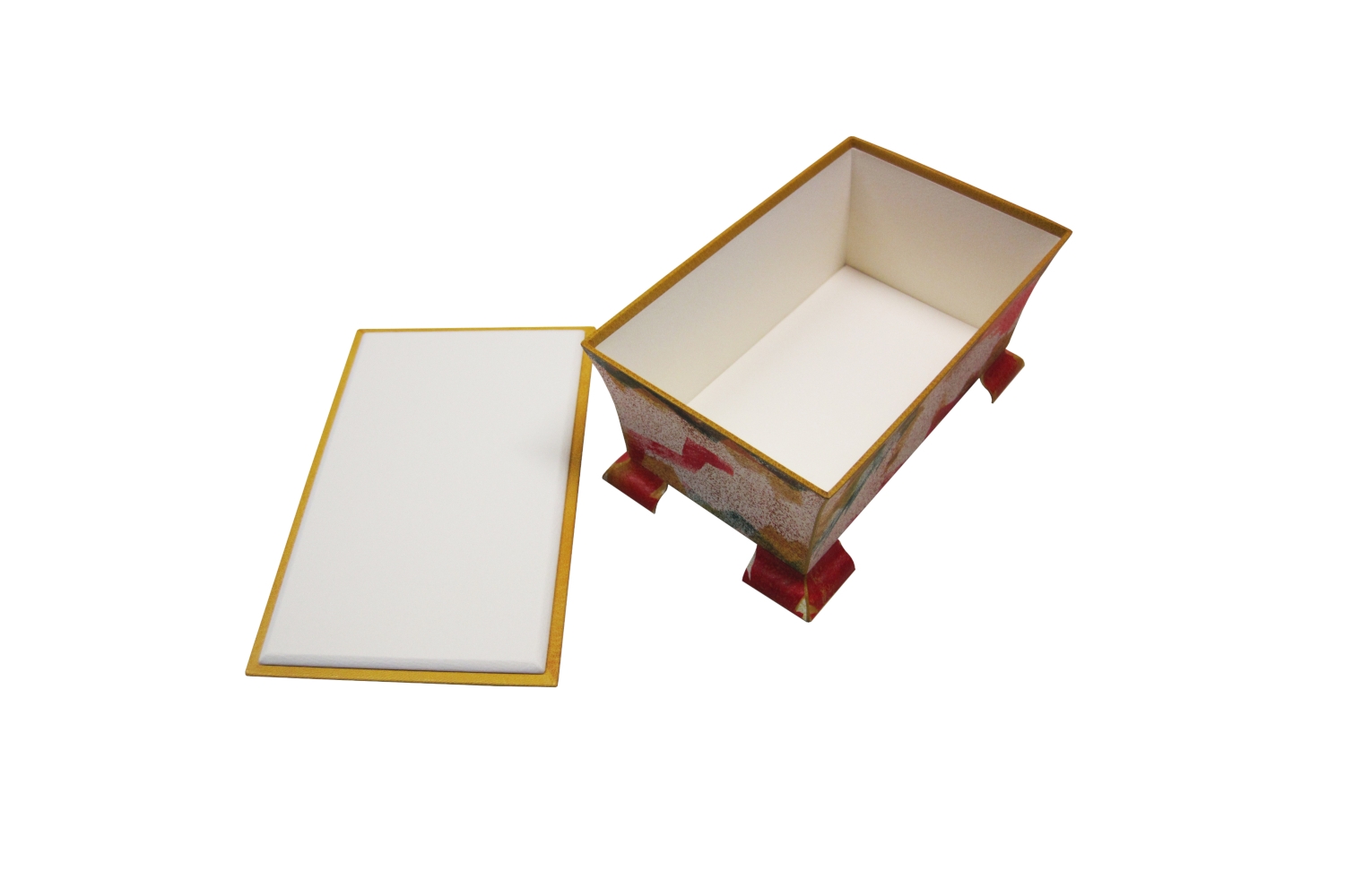 <p>Bau des Körpers aus Pappe, Kanteneinfassung mit gelbem Oasen-Ziegenleder, äußerer Bezug aus handgefertigtem Buntpapier (GISELA RESCHKE, Hamburg), Auftragsarbeit 2016</p>